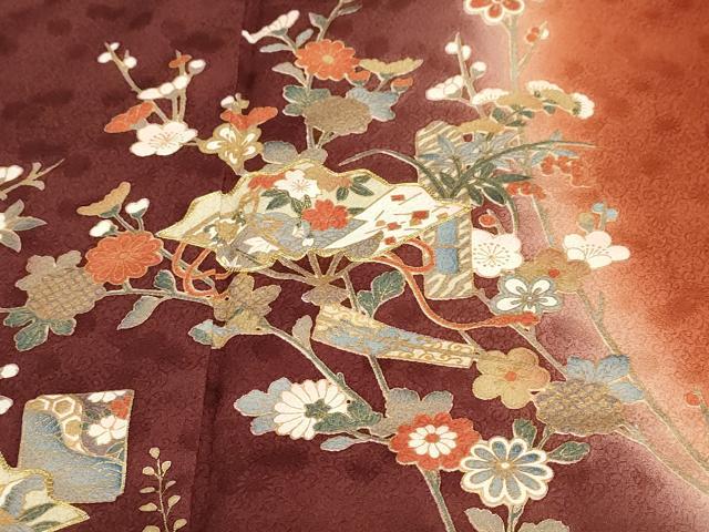 平和屋着物●訪問着　駒刺繍　檜扇草花文　暈し染め　金彩　正絹　逸品　DABC2506ud 平和屋着物○訪問着 駒刺繍 檜扇草花文 暈し染め 金彩