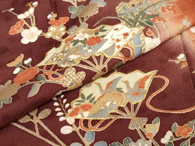 平和屋着物●訪問着　駒刺繍　檜扇草花文　暈し染め　金彩　正絹　逸品　DABC2506ud