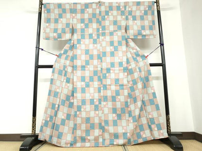 平和屋着物●小紋　格子舞桜文　洗える着物　未使用　DABC2510ud