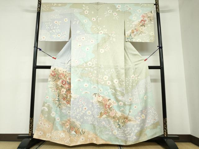 平和屋着物●訪問着　駒刺繍　流水鴛鴦草花文　金彩　正絹　逸品　DABC2512ud