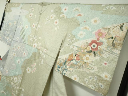 平和屋着物●訪問着　駒刺繍　流水鴛鴦草花文　金彩　正絹　逸品　DABC2512ud