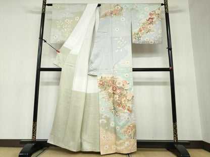 平和屋着物●訪問着　駒刺繍　流水鴛鴦草花文　金彩　正絹　逸品　DABC2512ud