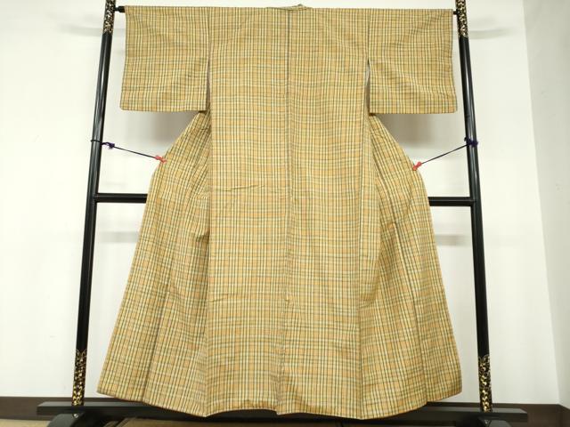 平和屋着物●郡上紬　草木染　変わり格子文　正絹　逸品　DABC2513ud