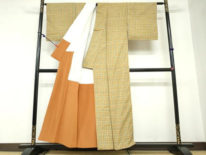 平和屋着物●郡上紬　草木染　変わり格子文　正絹　逸品　DABC2513ud