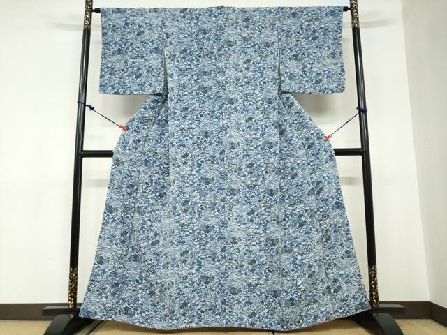 平和屋着物●上質な小紋　藍　型染め　流水小舟草花文　鬼しぼ縮緬　正絹　逸品　DABC2518ud