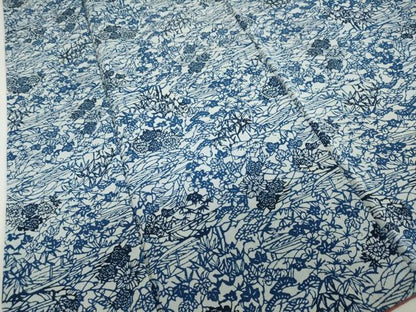 平和屋着物●上質な小紋　藍　型染め　流水小舟草花文　鬼しぼ縮緬　正絹　逸品　DABC2518ud