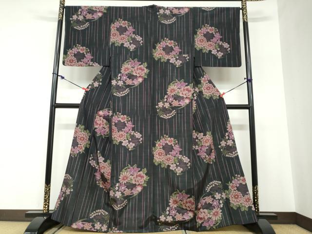 平和屋着物●小紋　草花丸文　黒地　洗える着物　DABC2525ud