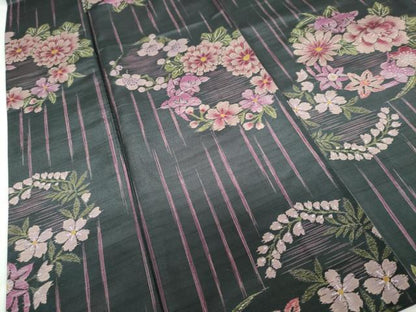 平和屋着物●小紋　草花丸文　黒地　洗える着物　DABC2525ud