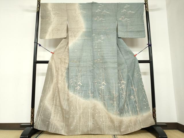 平和屋着物●染織の名門　しょうざん  生紬　訪問着　草花文　暈し染め　正絹　逸品　DABC2540ud