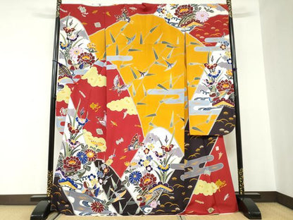 平和屋着物●手ざし京紅型染・宮崎紅型　宮崎良次　振袖　流水花鳥文　正絹　逸品　DABC2543ud
