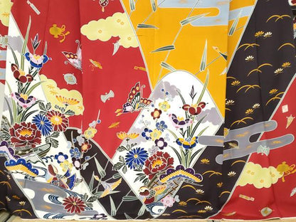 平和屋着物●手ざし京紅型染・宮崎紅型　宮崎良次　振袖　流水花鳥文　正絹　逸品　DABC2543ud