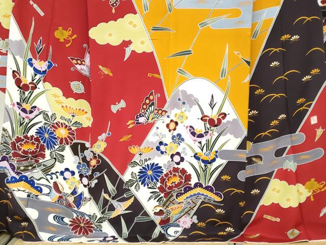 平和屋着物●手ざし京紅型染・宮崎紅型　宮崎良次　振袖　流水花鳥文　正絹　逸品　DABC2543ud