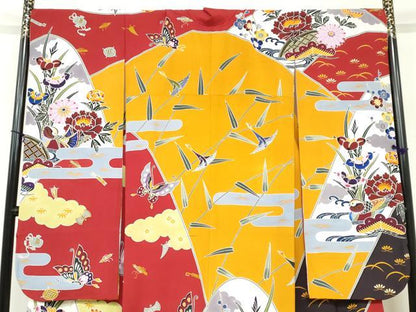平和屋着物●手ざし京紅型染・宮崎紅型　宮崎良次　振袖　流水花鳥文　正絹　逸品　DABC2543ud
