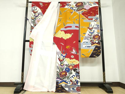 平和屋着物●手ざし京紅型染・宮崎紅型　宮崎良次　振袖　流水花鳥文　正絹　逸品　DABC2543ud