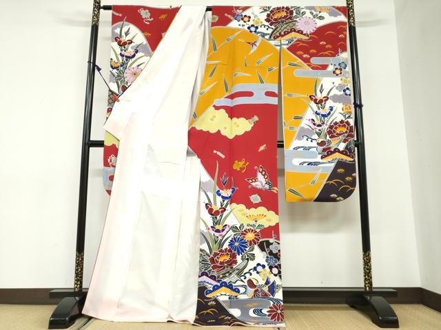 平和屋着物●手ざし京紅型染・宮崎紅型　宮崎良次　振袖　流水花鳥文　正絹　逸品　DABC2543ud