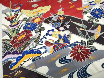 平和屋着物●手ざし京紅型染・宮崎紅型　宮崎良次　振袖　流水花鳥文　正絹　逸品　DABC2543ud