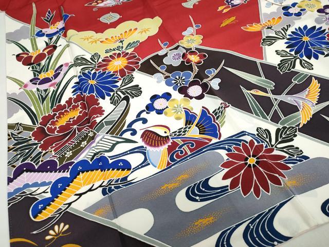 平和屋着物●手ざし京紅型染・宮崎紅型　宮崎良次　振袖　流水花鳥文　正絹　逸品　DABC2543ud