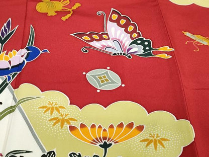 平和屋着物●手ざし京紅型染・宮崎紅型　宮崎良次　振袖　流水花鳥文　正絹　逸品　DABC2543ud