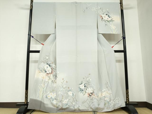 平和屋着物●訪問着　手描き　草花文　正絹　逸品　DABC2551ud