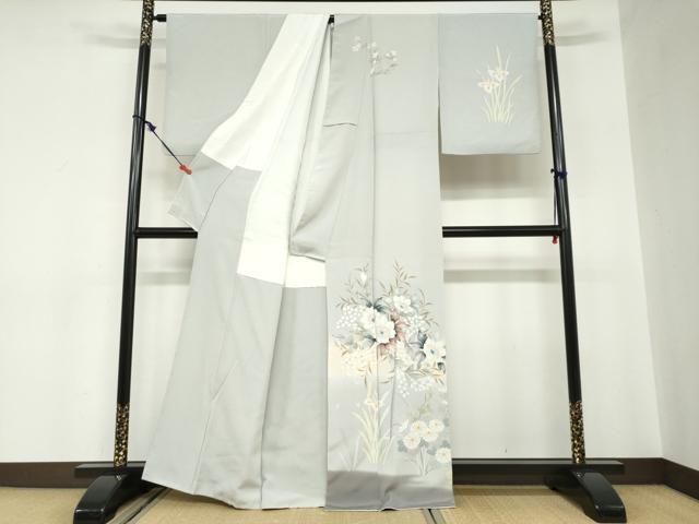 平和屋着物●訪問着　手描き　草花文　正絹　逸品　DABC2551ud
