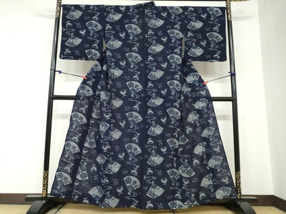 平和屋着物●小紋　単衣　正藍絣　扇面花蝶文　反端付き　綿　逸品　DABC2557ud