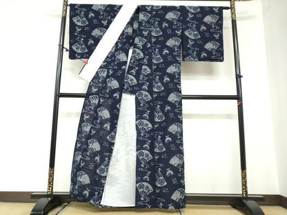 平和屋着物●小紋　単衣　正藍絣　扇面花蝶文　反端付き　綿　逸品　DABC2557ud