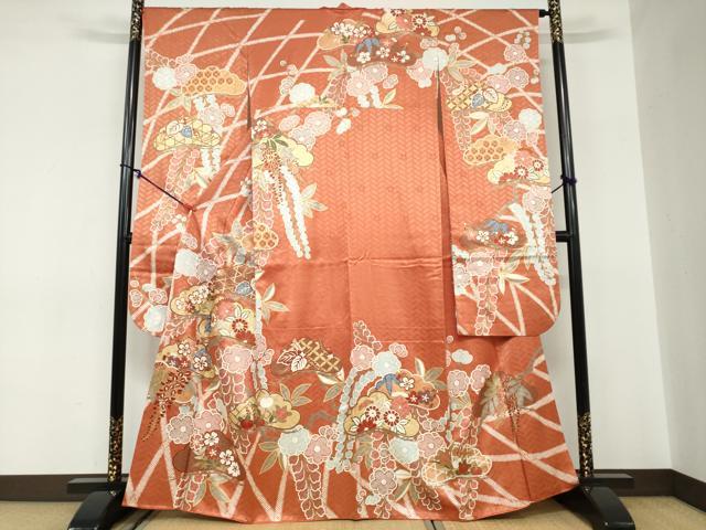 平和屋着物●十日町老舗ブランド　吉澤友禅　吾妻徳穂　振袖　駒刺繍　鹿の子草花文　金彩　大丸扱い　正絹　逸品　DABC2559ud
