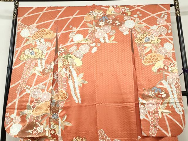 平和屋着物●十日町老舗ブランド　吉澤友禅　吾妻徳穂　振袖　駒刺繍　鹿の子草花文　金彩　大丸扱い　正絹　逸品　DABC2559ud