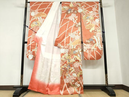 平和屋着物●十日町老舗ブランド　吉澤友禅　吾妻徳穂　振袖　駒刺繍　鹿の子草花文　金彩　大丸扱い　正絹　逸品　DABC2559ud