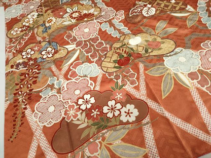 平和屋着物●十日町老舗ブランド　吉澤友禅　吾妻徳穂　振袖　駒刺繍　鹿の子草花文　金彩　大丸扱い　正絹　逸品　DABC2559ud