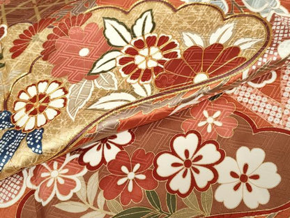 平和屋着物●十日町老舗ブランド　吉澤友禅　吾妻徳穂　振袖　駒刺繍　鹿の子草花文　金彩　大丸扱い　正絹　逸品　DABC2559ud