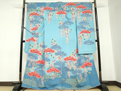 平和屋着物●和染紅型　栗山紅型　栗山吉三郎　振袖　エ霞藤松文　鬼しぼ縮緬　正絹　逸品　DABC2561ud