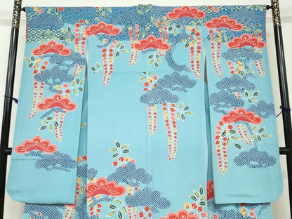 平和屋着物●和染紅型　栗山紅型　栗山吉三郎　振袖　エ霞藤松文　鬼しぼ縮緬　正絹　逸品　DABC2561ud
