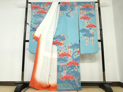 平和屋着物●和染紅型　栗山紅型　栗山吉三郎　振袖　エ霞藤松文　鬼しぼ縮緬　正絹　逸品　DABC2561ud