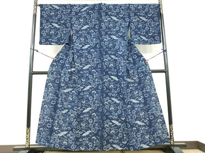 平和屋着物●小紋　単衣　正藍絣　飛鶴草花文　反端付き　綿　逸品　DABC2567ud