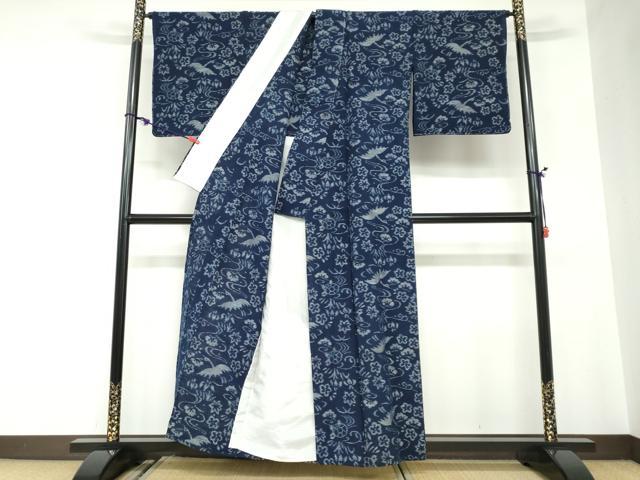 平和屋着物●小紋　単衣　正藍絣　飛鶴草花文　反端付き　綿　逸品　DABC2567ud