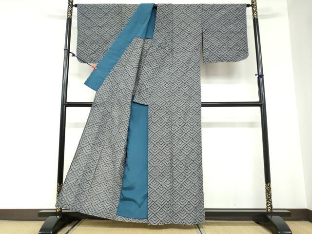 平和屋着物●久留米絣　単衣　幾何学文様　綿　逸品　DABC2569ud