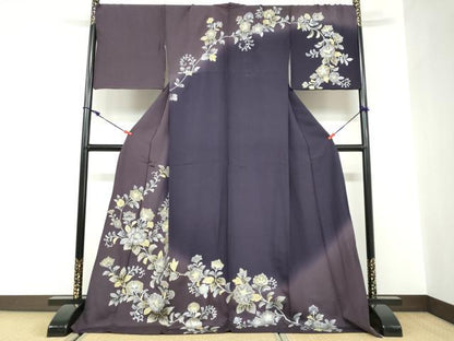 平和屋着物●訪問着　草花文　暈し染め　金銀彩　ロング丈　正絹　逸品　DABC2572ud