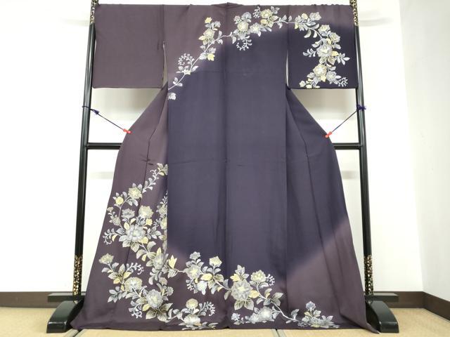 平和屋着物●訪問着　草花文　暈し染め　金銀彩　ロング丈　正絹　逸品　DABC2572ud