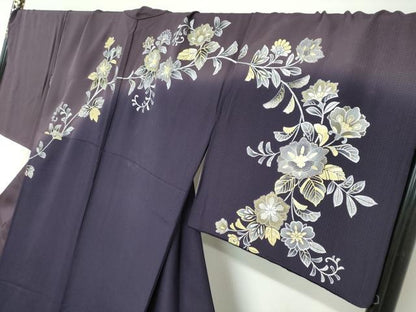 平和屋着物●訪問着　草花文　暈し染め　金銀彩　ロング丈　正絹　逸品　DABC2572ud