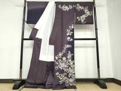 平和屋着物●訪問着　草花文　暈し染め　金銀彩　ロング丈　正絹　逸品　DABC2572ud