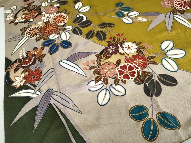 平和屋着物●豪華振袖　駒刺繍　草花丸文　金彩　正絹　逸品　DABC2579ud
