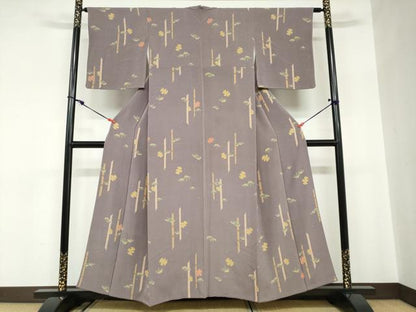 平和屋着物●上質な小紋　型染め　笹竹文　ふくら雀　鬼しぼ縮緬　正絹　逸品　DABC2580ud