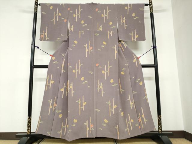 平和屋着物●上質な小紋　型染め　笹竹文　ふくら雀　鬼しぼ縮緬　正絹　逸品　DABC2580ud
