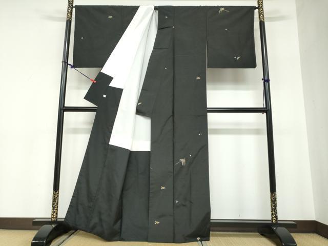 平和屋着物●山口美術織物　皇室　伊勢神宮御用　西陣織　紬　唐織　草花文　黒地　金糸　正絹　逸品　DABC2581ud
