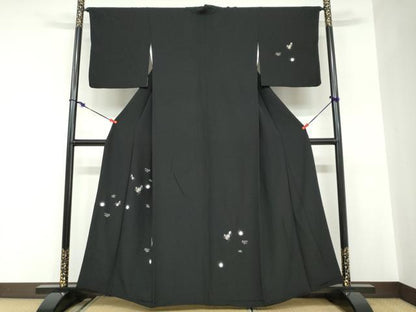 平和屋着物●訪問着　刺繍　エ霞草花文　瓢箪　蛍暈し　黒地　金糸　正絹　逸品　DABC2592ud