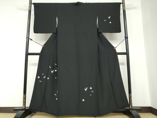 平和屋着物●訪問着　刺繍　エ霞草花文　瓢箪　蛍暈し　黒地　金糸　正絹　逸品　DABC2592ud