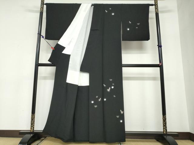 平和屋着物●訪問着　刺繍　エ霞草花文　瓢箪　蛍暈し　黒地　金糸　正絹　逸品　DABC2592ud