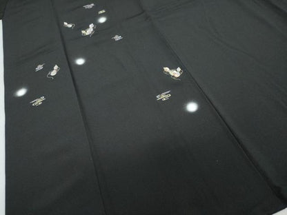 平和屋着物●訪問着　刺繍　エ霞草花文　瓢箪　蛍暈し　黒地　金糸　正絹　逸品　DABC2592ud