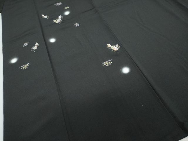 平和屋着物●訪問着　刺繍　エ霞草花文　瓢箪　蛍暈し　黒地　金糸　正絹　逸品　DABC2592ud